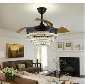 lot 30861 image: Black Crystal Ceiling Fan with Light, Dimmable LED Fandelier with Retractable Invisible Blades, Quiet Reversible DC Motor, 3 Color Lighting, Flush Mount for Bedroom, Living Room, Dining Room - Retail $158