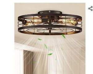 lot 30866 image: VOLISUN Caged Ceiling Fan with Light and Remote,23.6 inch Fandelier Ceiling Fan with Light Flush Mount, Farmhouse Bladeless Ceiling Fans with Lights for Kitchen,Bedroom - Retail $130