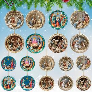 lot 34160 image: 18 Pcs Nativity Scene Ornaments Christmas Hanging Decoration for Trees Christian Gifts Catholic, Religious Thanksgiving Gifts for Men, Women Acrylic 2D Flat Hanging Ornament (Retro)