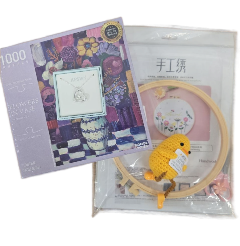 lot 10020 image: Mother Gift Set- Crystal Heart Necklace with the Letter A, 1000 Piece Floral Puzzle, Mini Yellow Duck Plush, and Embroidery Making DIY Kit