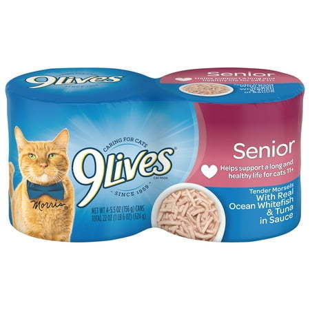 lot 15680 image: 9Lives Wet Senior Cat Food  Tender Morsels With Real Ocean Whitefish &amp Tuna in Sauce 5.5 Ounce Can (Pack of 4)
