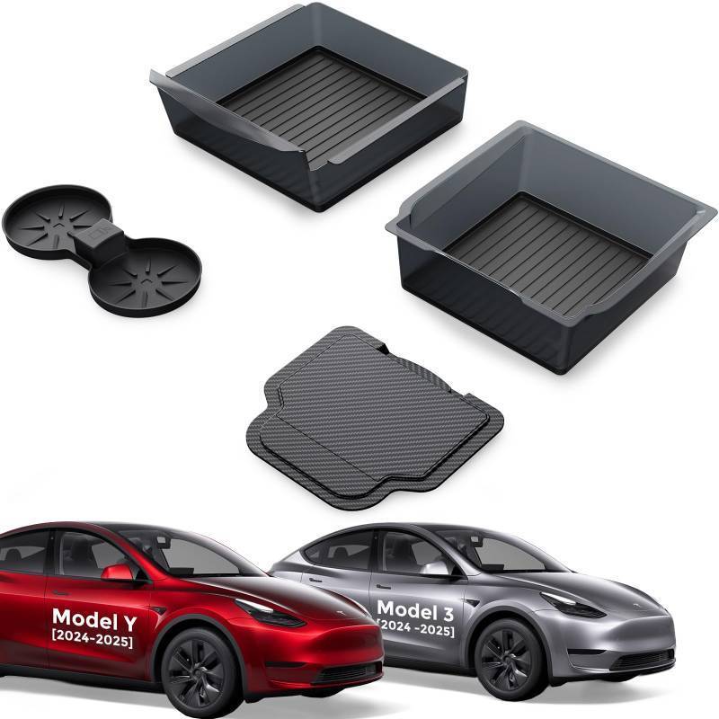 lot 7058 image: Blshwez 4PCS Upgraded Tesla Model Y Juniper (2025 2026) Accessorie Tesla Model 3 (2025 Highland) Accessories Center Console Organizer, Hidden Storage Box, Cup Holder, and Armrest Drawer Organizer