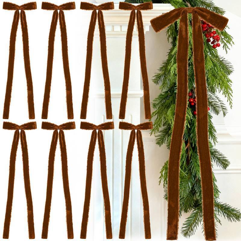 lot 32011 image: 2 Count of Glitinsel 8 Pcs Bronze Velvet Christmas Bows 9.1x31.5 Pre Tied Frayed Fringe Velvet Ribbon Bows