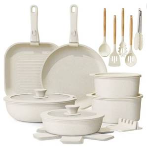 lot 15567 image: Astercook 22 Piece Pots and Pans Set Non Stick, Cookware Set with Detachable Handles, Oven Safe, Induction Ready, Stackable RV Kitchen Cooking Set, Cream White - Retail $89