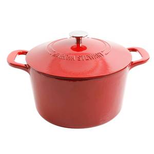 lot 15577 image: MARTHA STEWART Gatwick 7-Quart Enamel Cast Iron Dutch Oven Red Ombre Heavy-Duty Dutch Oven for Slow Cooking, Braising & Baking - Retail $80