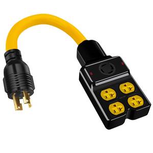 lot 15588 image: NEMA L14-30P to 4X 5-20R5-15R&L14-30R Generator Adapter Extension Cord, 4 Prong 30 Amp to 110V,Twist Locking to 15 Amp20 Amp Household Outlet, 125250V 7500 Watts, ETL Listed (1.5FT) - Retail $50