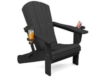 lot 30880 image: SERWALL Folding Adirondack Chair, Dual Cup Holders & All-Weather HDPE, Wood-Like Patio Chair for Backyard, Camping Pool & Fire Pit- Black - Retail $130