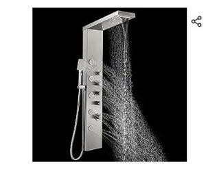 lot 30881 image: ROVOGO Shower Panel Tower with Rainfall Waterfall Shower Head, 5 Body Jets and 3-Function Handheld, High Pressure Rain Massage System, Wall-Mount Shower Column, 304 Stainless Steel Brushed - Retail $200