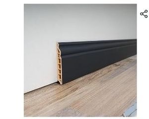 lot 30882 image: Art3d Wall Baseboard Molding Trim 8-Pack of 56 x 3.2 in., High Impact Polystyrene Skirting Board - Installed with Glue - Black - Retail $55