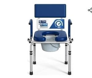 lot 30895 image: Drop Arm Bedside Commode, Commode Toilet with Padded Seat and Backrest, 300lbs Capacity, 6.3QT Removable Bucket and Splash Guard, Adjustable Height Portable Toilet for Adults, Blue - Retail $130