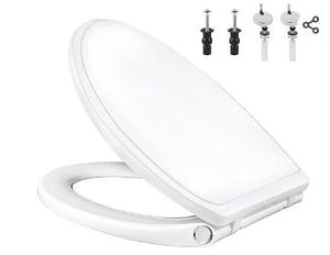 lot 30897 image: Elongated Toilet Seat Soft Close with Cover, Oval Toilet Seat Replacement with Non-Slip Toilet Bolts and Bumpers, Compatible with Kohler, American Standard, TOTO, One-Click Release, White - Retail $58