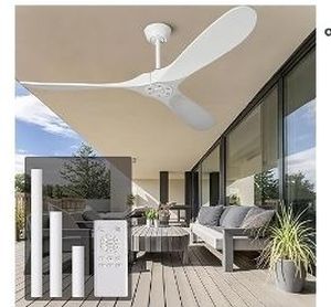 lot 30899 image: 60 Inch White Ceiling Fan No Light Wood Indoor Outdoor Ceiling Fans for Patios Living Room Bedroom Porch Big Farmhouse Ceiling Fan for Flat Sloped Angled Ceiling - Retail $179