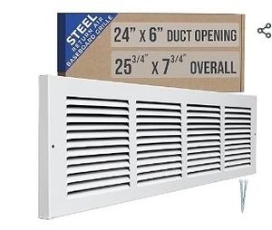 lot 30905 image: Fits 24x6 Duct Opening  Steel Baseboard Return Air Grille by Handua  Vent Cover Grill  78 Margin Turnback Depth to Fit Baseboard  White  Outer Dimensions 25.75W X 7.75 H