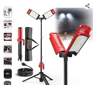 lot 30913 image: SYLSTAR Hybrid Powered LED Work Light with Tripod, 12000 Lumens Corded & Rechargeable Battery Work Light, 7.4ft Aluminum Telescopic Stand, 3 Brightness Levels, IP65, Dual Head, Portable Job Site Light - Retail $160