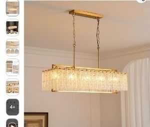 lot 30915 image: Modern Rectangular Crystal Chandelier for Dining Room Gold Rectangle Water Ripple Glass Pendant Ceiling Light 5-Lights Hanging Light Fixture for Living Room Kitchen Island L39 x W11.8 x H11 - Retail $158