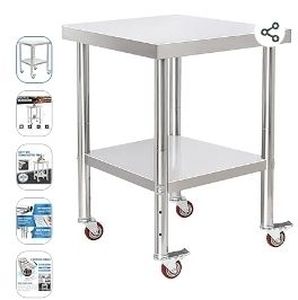 lot 30919 image: KUARBARR Stainless steel table for prep and work with lower shelf, 24 x 24 inches, NSF metal commercial kitchen table with adjustable lower shelf for restaurant, home