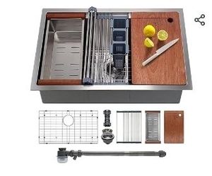 lot 30921 image: 33 Inch Undermount Kitchen Sink with Quiet Drain - 11 Gauge Stainless Steel Sink Single Bowl - Multifunctional Handmade Modern Integrated Ledge Workstation - Retail $229