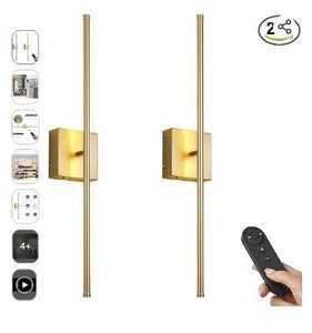 lot 30936 image: KARTOOSH Battery Operated Wall Sconces with Remote Control, Dimmable Wall Sconces Set of Two, 350°Rotate, 3000K LED Gold Wireless Wall Light for Living Room, Hallway, Bedroom, 28.3 Inch (2 Pack) - Retail $86