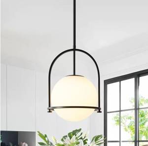 lot 33190 image: Modern Black Schoolhouse Pendant Light Fixture, 6 Black Globe Pendant Lighting with Hanging Adjustable Height, One Light Milk Glass Chandelier for Kitchen Island Dining Room Hallway
