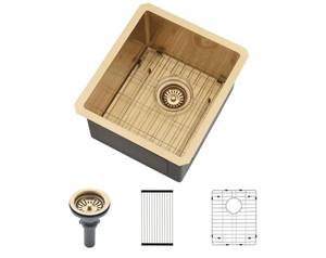 lot 33194 image: 13 Inch Gold Bar Sink Undermount-VASOYO 13x15 Inch Undermount Bar Sink Gold Small Rv Kitchen Sinks Outdoor Island Sinks 16 Gauge Stainless Steel Single Bowl Basin with Bottom Grid - Retail $207
