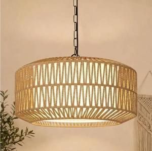 lot 33198 image: Farmhouse Chandelier Light Fixture, 5-Light Rattan Boho Chandeliers for Dining Room, Hand Woven Pendant Light with Linen Shade, Rustic Hanging Lighting for Kitchen Island, Bedroom (Bulb Not Included)