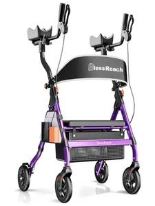 lot 33216 image: BlessReach Heavy Duty Upright Rollator Walker for Seniors with Seat, 450lb Capacity, 8 All-Terrain Wheels, 6 Height Adjustments, Padded Seat & Backrest, Easy Assembly, Foldable Design, Purple - Retail $220