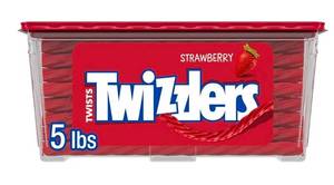 lot 34234 image: TWIZZLERS Twists Strawberry Flavored Licorice Style, Chewy Holiday Candy Tub, 5 lb, BEST BY 04, 2026