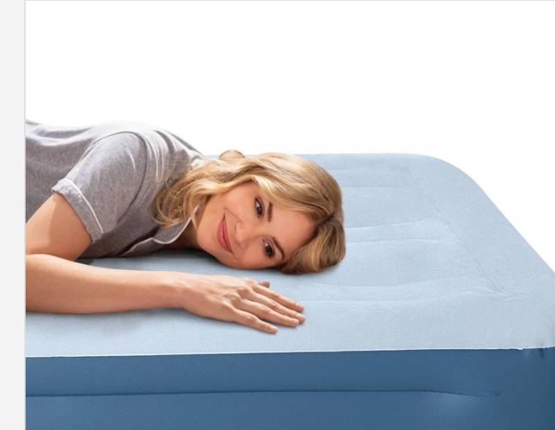 lot 16695 image: Intex Mid Rise Hexbeam 14 Electric Pump Queen Air Mattress - Dark Blue Denim IndoorOutdoor Use, Built-in Air Pump - Retail $75