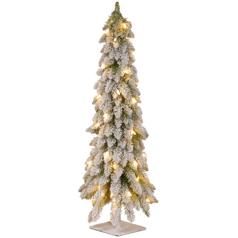 lot 2829 image: National Tree Company 4 ft Pre-Lit Flocked Downswept Forestree Mini Artificial Christmas Tree,100 Clear Lights, 308 Tips, Metal Plate Base, Green - Retail $123