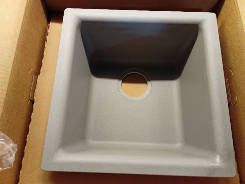 lot 4214 image: Elkay Quartz Classic 15-34  x 15-34  x 7-1116   Single Bowl Dual Mount Bar Sink  Greystone (CRACKED) - Retail $195