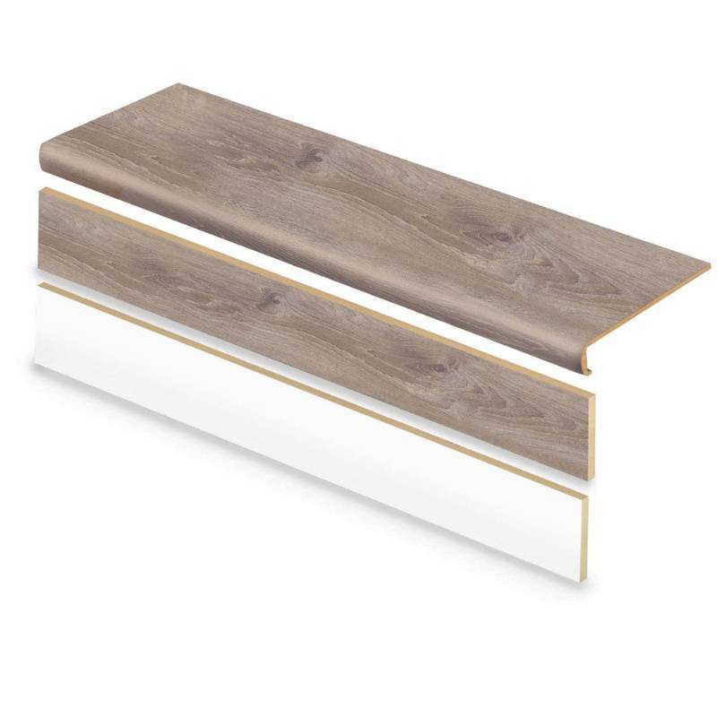 lot 6469 image: Sterling Oak 47 in. L x 12.15 in. W x 57.91 mm T Vinyl Overlay Stair Tread and Reversible Riser Kit - Retail $128