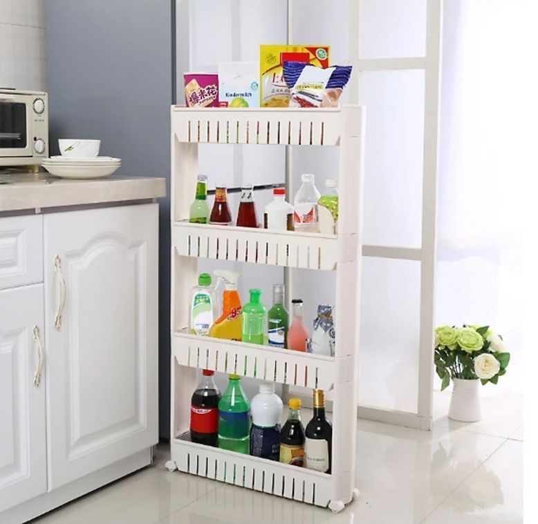 lot 30322 image: 4 Tiers Fridge Side Narrow Shelf Kitchen Storage Rack with Wheels
