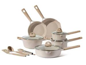 lot 15626 image: Carote Ceramic Nonstick Pots and Pans Set, 13 Pieces Non-Toxic Kitchen Cookware Sets Compatible for All Stoves, Taupe - Retail $89