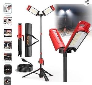 lot 30939 image: SYLSTAR Hybrid Powered LED Work Light with Tripod, 12000 Lumens Corded & Rechargeable Battery Work Light, 7.4ft Aluminum Telescopic Stand, 3 Brightness Levels, IP65, Dual Head, Portable Job Site Light - Retail $160