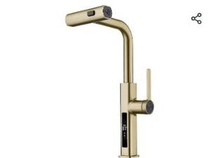 lot 30941 image: Lefton Pull-Out Waterfall Kitchen Faucet with Temperature Display, Two Water Outlet Modes, Single Hole, Brushed Gold, KF2209-5 - Retail $170