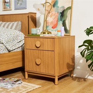 lot 33241 image: Beautiful 2-Drawer Fluted Nightstand with Teched Away by Drew Barrymore, Warm Honey Finish, Adults  - Retail $164