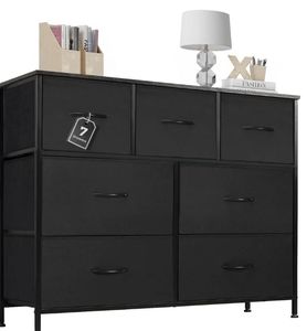 lot 33244 image: Dresser for Bedroom with 7 Drawers, Anti-Tip Wide Fabric Chests Storage Organizer Tower Furniture, TV Stand for TV with Wooden Top Metal Frame for Clothes,  Hallway, Entryway