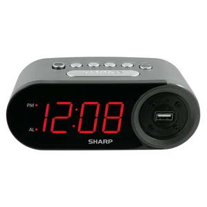 lot 33245 image: SHARP Digital Alarm Clock  2 AMP USB FAST Charge Port Black and Gunmetal with Red LED Display