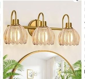 lot 35000 image: Bathroom Light Fixtures, 3-Light Brushed Gold Vanity Lights for Bathroom with Ribbed Amber Tulip Glass Shade - Retail $59