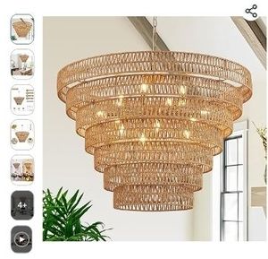 lot 35001 image: Hand-Woven Rattan Chandelier Vintage Farmhouse 15-Lights Boho Bamboo Large Chandeliers Light Fixture 7-Tier Drum Wicker Chandelier for Dining Room, Living Room, Kitchen, E12 - Retail $400