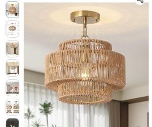 lot 35009 image: 12.4 Boho Rattan Farmhouse Chandeliers for Dining Room, Rattan Hand-Woven Rustic Drum Chandelier Pendant Light Fixture for Kitchen Island Bedroom Living Room Entryway Foyer - Retail $56