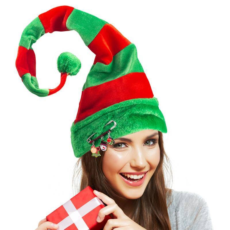 lot 32126 image: Christmas Elf Hat, Long Striped Felt Hat with Cute Brooch Pin for Kids Adults