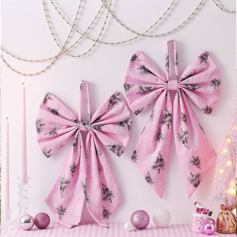 lot 32140 image: 2 Pcs Pink Christmas Tree Wreath Bow 19.6 x 11.8 Large Christmas Tree Topper Ornament