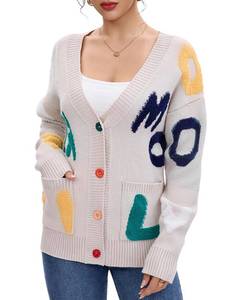 lot 34378 image: Womens Cable Knit Long Sleeve Open Front Embroidery Cardigan Sheep V-Neck Button Sweater Coat Outwear -Size Large