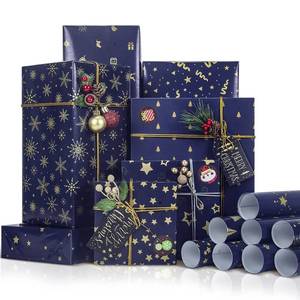 lot 34406 image: Larcenciel Christmas Wrapping Paper Rolls wSanta Claus Sticker & Ribbon, 8 Sheets Blue Xmas Wrapping Paper, Gift Wrapping Paper Christmas Bundle, Starry Snowflake for Hanukkah, Birthday, 39.3x16.9inch