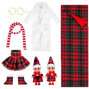 lot 34409 image: 8 Pcs Christmas Elf Clothes Outfits Accessories Set Include Elf Sleeping Bag Bathrobe Skirt Glasses Boots Red and White Striped Scarf