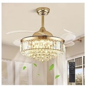 lot 35031 image: 42 Inch Gold Fandelier Ceiling Fan with Light, Crystal Ceiling Fan with Lights and Remote, LED Dimmable Chandelier Fan with Invisible Reversible Fan Blades for Bedroom Living Room Dining Room - Retail $144