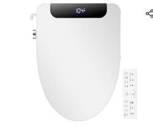 lot 35033 image: Electric Bidet Toilet Seat, Elongated, Warm Water with Air Dryer, Heated Seat and Slow Close Lid, Adjustable Water Temperature, Front and Rear Wash, LED Nightlight, Wireless Remote, Black, 102 - Retail $170