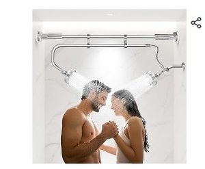 lot 35037 image: OURBAOFU Tandem Shower Heads, Double Shower Head for Couples, Dual Shower Head System for Two People, High Pressure and Adjustable Double Shower Heads (Silver) - Retail $120