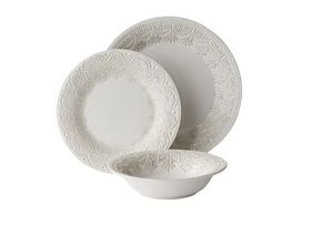 lot 35041 image: The Pioneer Woman Vintage Lace 12-Piece Ceramic Dinnerware Set, Linen